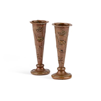 Lot 97 - A PAIR OF MINIATURE ARTS AND CRAFTS COPPER POSY VASES