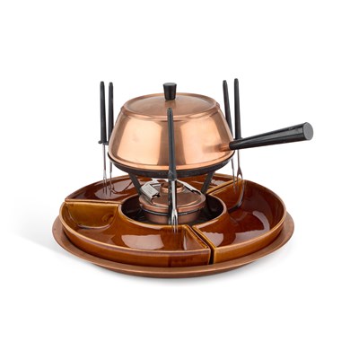 Lot 203 - A CULINOX SPRING SWISS COPPER FONDUE SET, CIRCA 1970