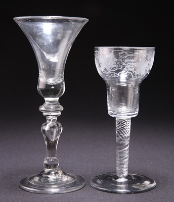 Lot 11 - AN 18TH CENTURY SODA GLASS WINE AND AN ENGRAVED AIR TWIST WINE GLASS