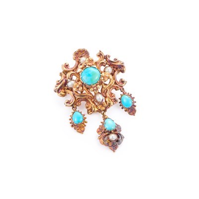 Lot 614 - A TURQUOISE AND PEARL BROOCH