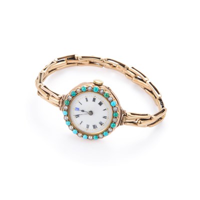 Lot 524 - A 9CT GOLD TURQUOISE AND PEARL BRACELET WATCH