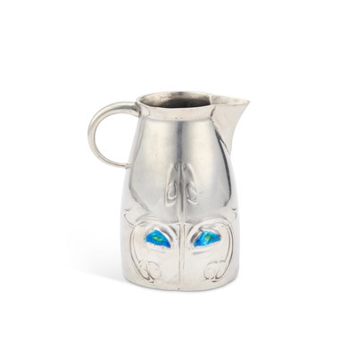 Lot 86 - ARCHIBALD KNOX (1864-1933) FOR LIBERTY & CO, A TUDRIC PEWTER AND ENAMEL JUG