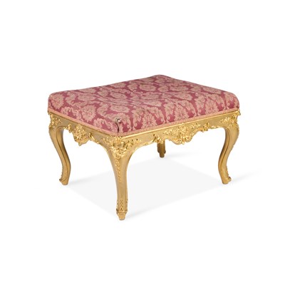 Lot 283 - A VICTORIAN GILDED AND UPHOLSTERED STOOL, LABEL OF GILL & REIGATE, LONDON