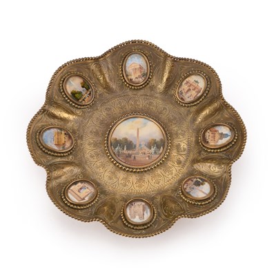 Lot 170 - A FRENCH BRASS DISH WITH INSET MINIATURES, CIRCA 1900