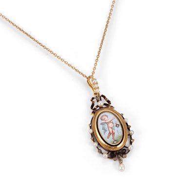 Lot 547 - AN ENAMEL AND SEED PEARL PENDANT