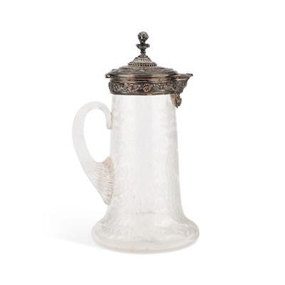 Lot 54 - AN ELKINGTON & CO SILVER-PLATE MOUNTED ETCHED GLASS CLARET JUG, 19TH CENTURY