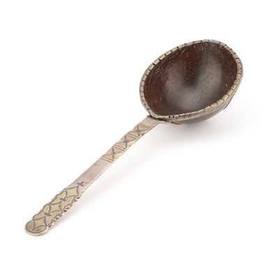Lot 232 - A RUSSIAN PARCEL-GILT AND NIELLO LADLE WITH A COCONUT BOWL