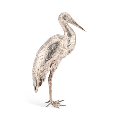 Lot 257 - A LARGE CONTINENTAL SILVER MODEL OF A STORK, EARLY 20TH CENTURY