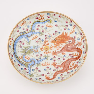 Lot 877 - A CHINESE IRON-RED AND ENAMEL 'DRAGON' DISH