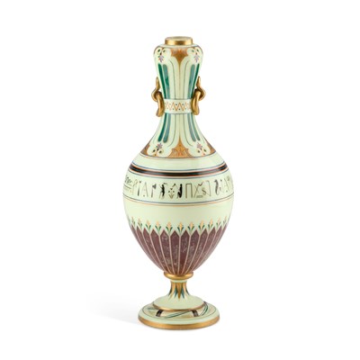 Lot 27 - A GRECIAN REVIVAL ENAMEL PAINTED AND GILDED OPAQUE GLASS VASE, 19TH CENTURY