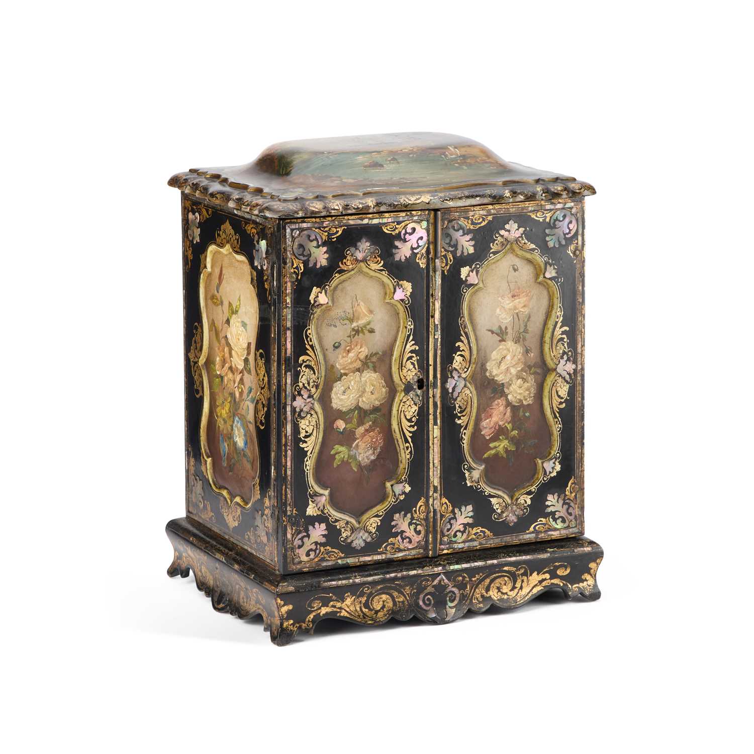 Lot 732 - A VICTORIAN PAPIER-MÂCHÉ TABLE CABINET IN THE MANNER OF JENNENS & BETTRIDGE