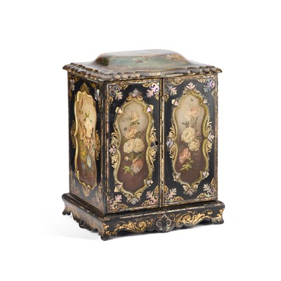 Lot 732 - A VICTORIAN PAPIER-MÂCHÉ TABLE CABINET IN THE MANNER OF JENNENS & BETTRIDGE