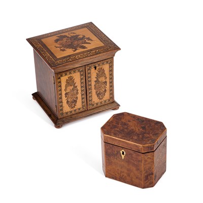 Lot 801 - A VICTORIAN TUNBRIDGE WARE JEWELLERY BOX, TOGETHER WITH A GEORGIAN BURR YEW TEA CADDY