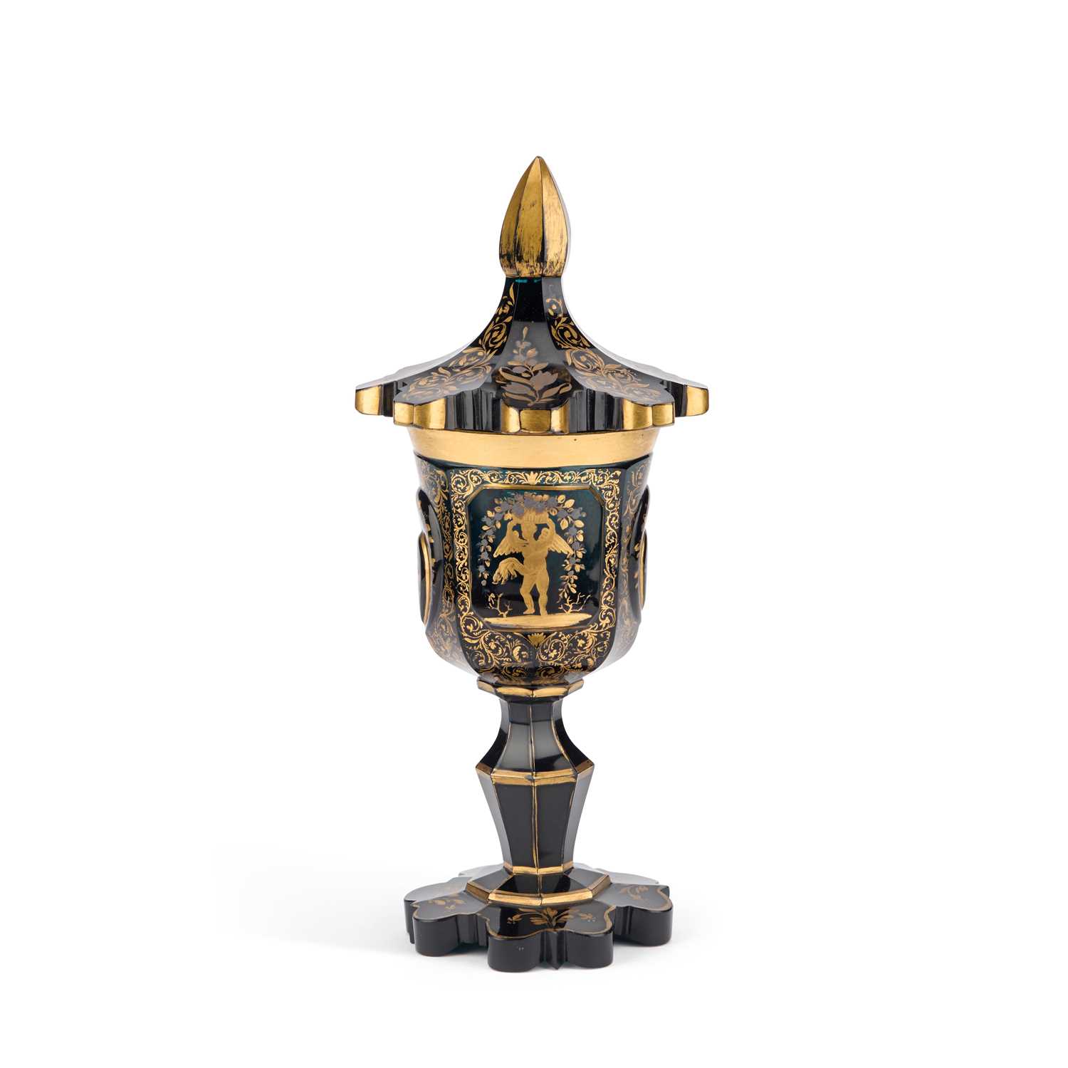 Lot 29 - A 19TH CENTURY GILDED GREEN GLASS GOBLET AND COVER