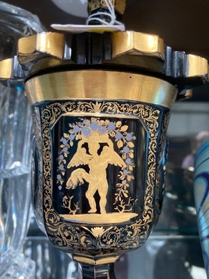 Lot 29 - A 19TH CENTURY GILDED GREEN GLASS GOBLET AND COVER