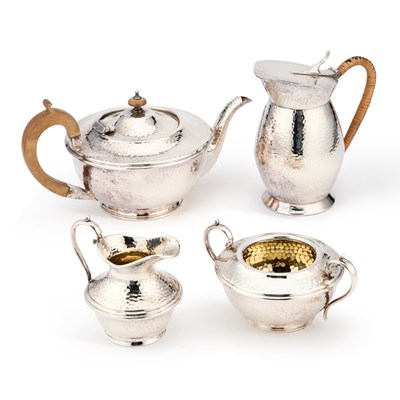 Lot 289 - A 20TH CENTURY ELECTRO-PLATED ON ENGLISH PEWTER THREE-PIECE TEA SERVICE