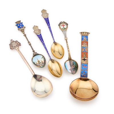 Lot 335 - FIVE SILVER AND ENAMEL COMMEMORATIVE SPOONS