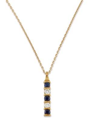 Lot 1495 - AN 18 CARAT GOLD SAPPHIRE AND DIAMOND PENDANT ON CHAIN