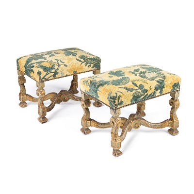 Lot 748 - A PAIR OF NORTH ITALIAN PAINTED, GILDED AND UPHOLSTERED STOOLS, PROBABLY 18TH CENTURY