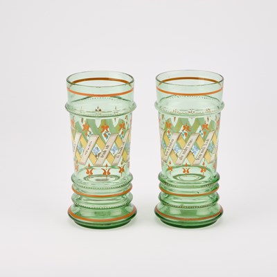 Lot 113 - A PAIR OF CONTINENTAL ENAMEL DECORATED GREEN GLASS VASES