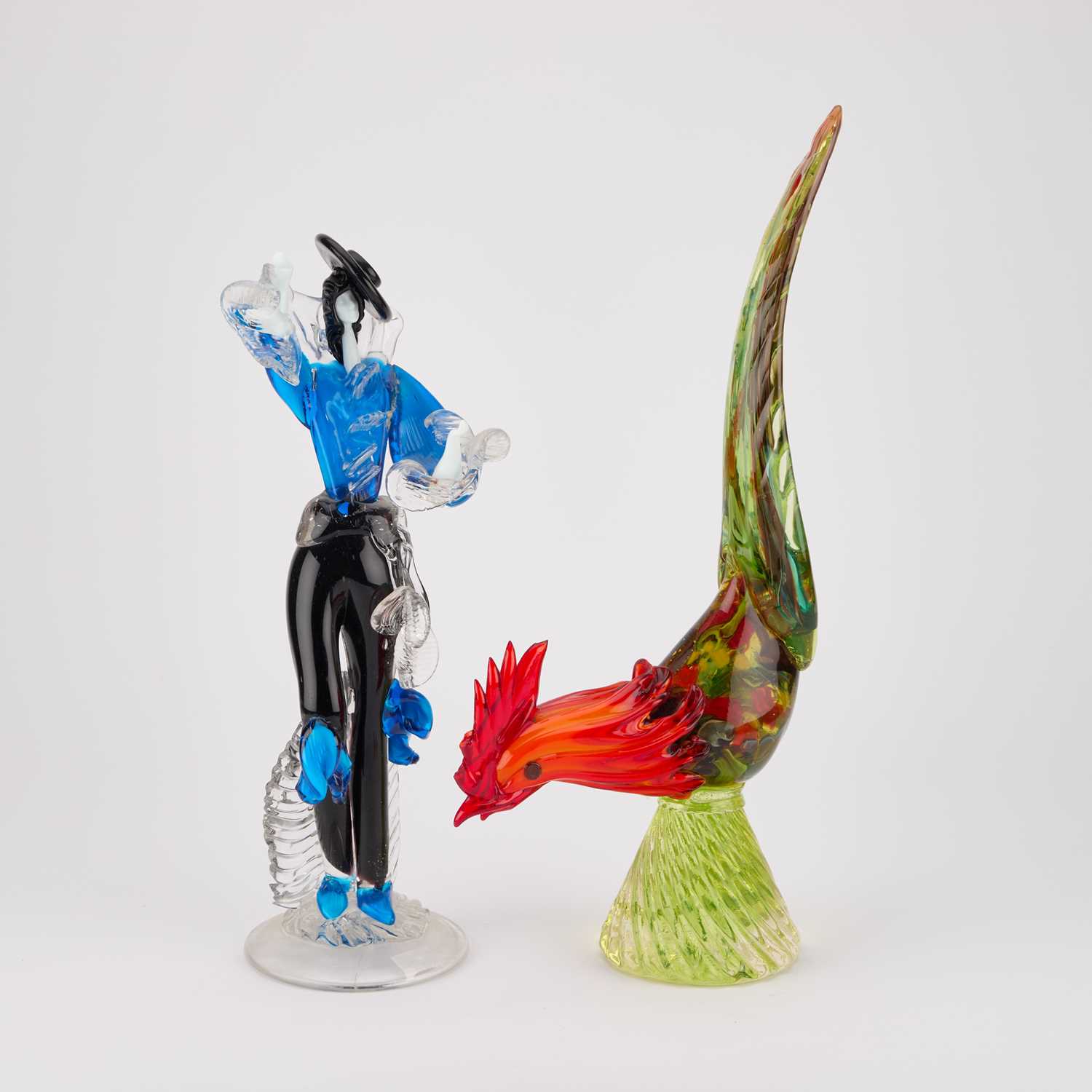 Lot 99 - A LARGE MURANO GLASS FIGURE OF A DANCER AND A MURANO GLASS MODEL OF A COCKEREL