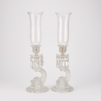 Lot 98 - A PAIR OF BACCARAT DOLPHIN LUSTRE-DROP CANDLESTICKS