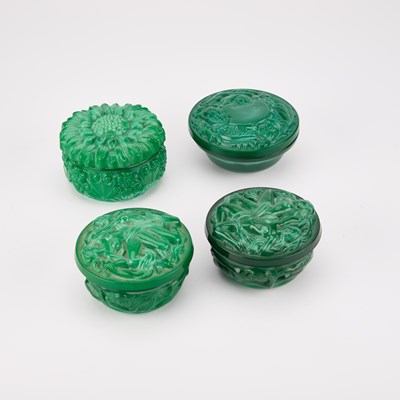 Lot 107 - FOUR MALACHITE GLASS COVERED BOXES