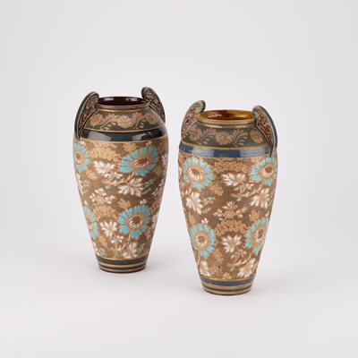 Lot 252 - A NEAR PAIR OF DOULTON LAMBETH STONEWARE VASES