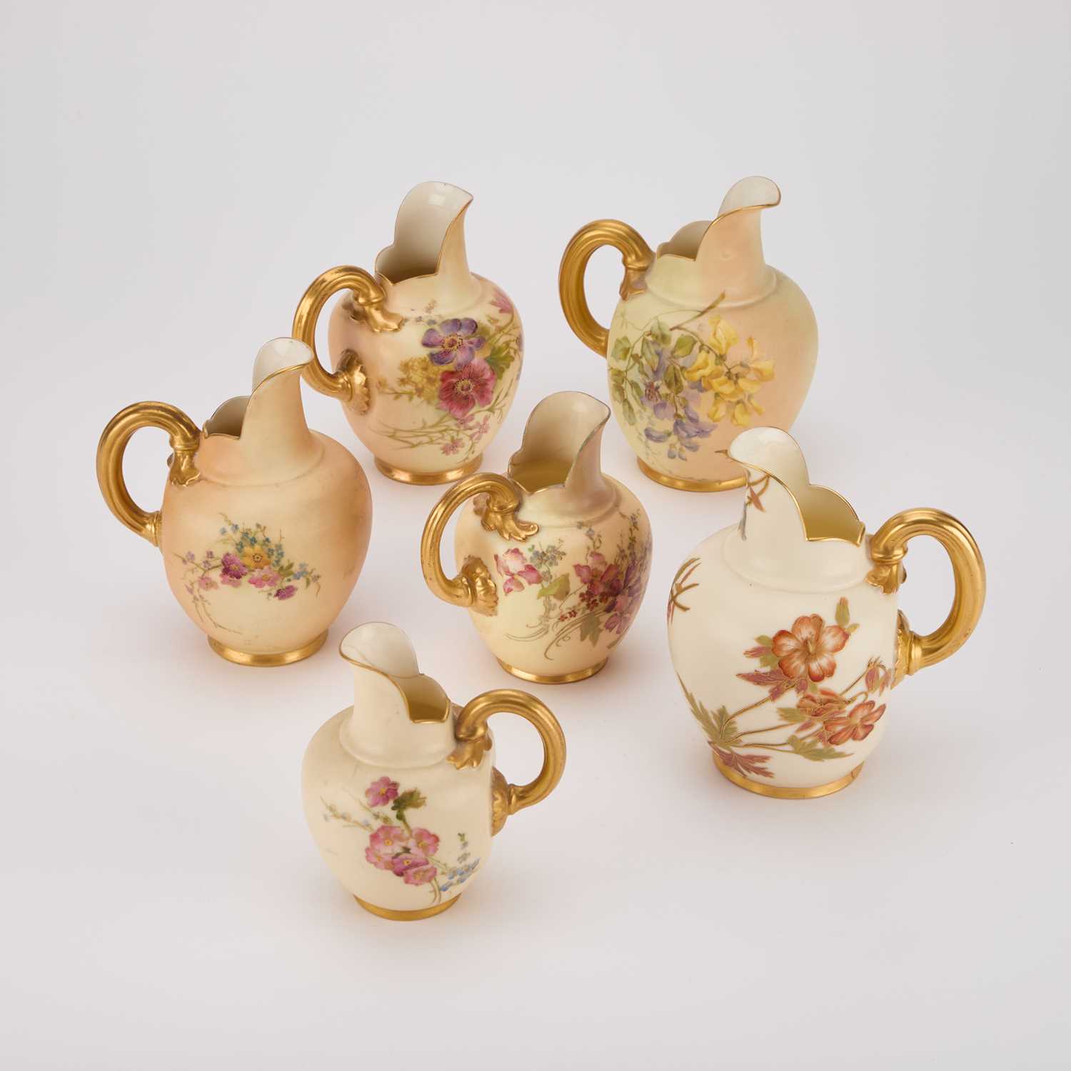 Lot 196 - SIX ROYAL WORCESTER FLAT-BACK JUGS