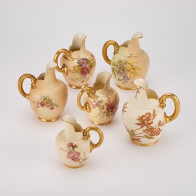 Lot 196 - SIX ROYAL WORCESTER FLAT-BACK JUGS