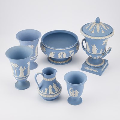 Lot 343 - SIX PIECES OF WEDGWOOD BLUE JASPERWARE