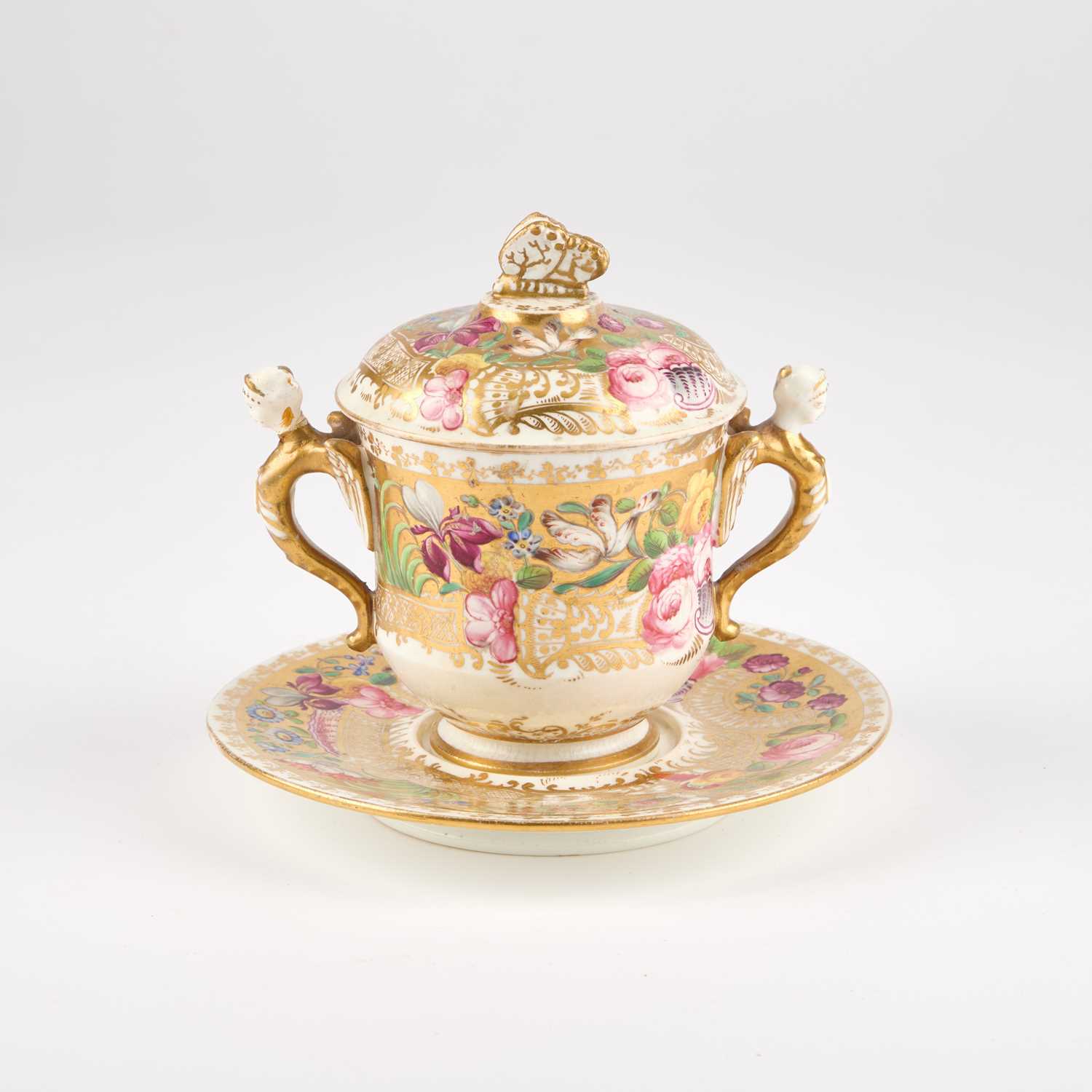 Lot 182 - A 19TH CENTURY GILDED AND FLORAL PAINTED CUP, COVER AND STAND