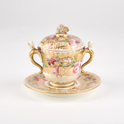 Lot 182 - A 19TH CENTURY GILDED AND FLORAL PAINTED CUP, COVER AND STAND