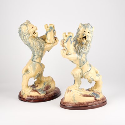 Lot 378 - A LARGE PAIR OF HONORE PALISSY LION-FORM CANDLE HOLDERS