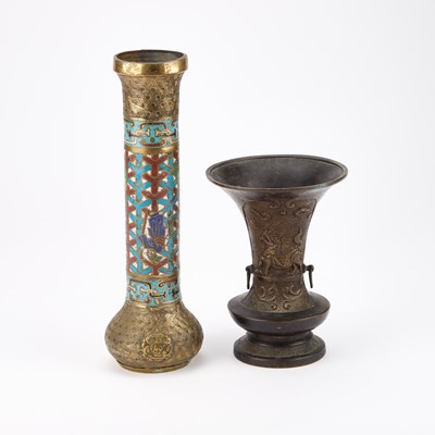 Lot 652 - A CHINESE BRONZE VASE AND A CHINESE ENAMEL DECORATED VASE