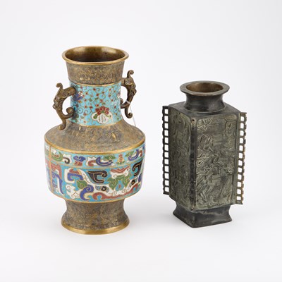 Lot 676 - A CHINESE ENAMEL DECORATED TWO-HANDLED VASE AND A CHINESE BRONZE VASE