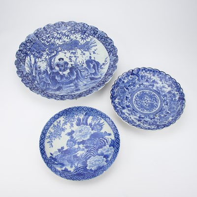 Lot 685 - THREE JAPANESE BLUE AND WHITE CHARGERS