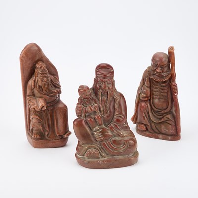 Lot 548 - THREE CHINESE SHOUSHAN STONE FIGURAL TABLE SEALS