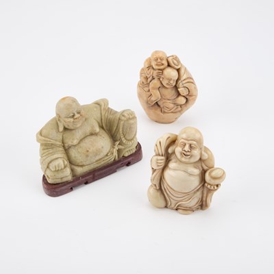 Lot 592 - THREE CHINESE SHOUSHAN STONE BUDDHAS