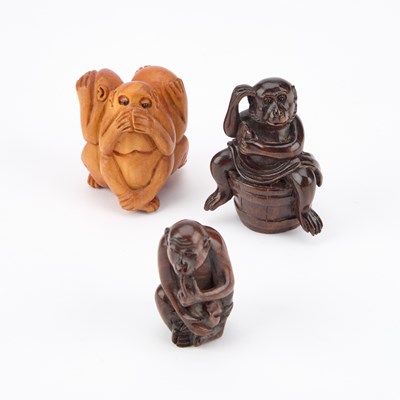 Lot 470 - THREE CARVED WOOD MONKEY NETSUKES