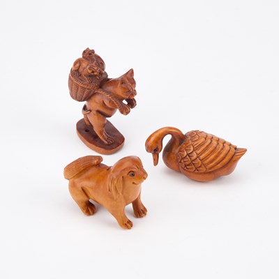 Lot 455 - THREE CARVED WOOD ANIMAL NETSUKES