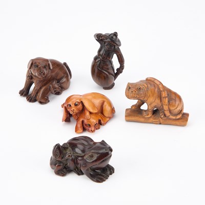 Lot 458 - FIVE CARVED WOOD NETSUKES