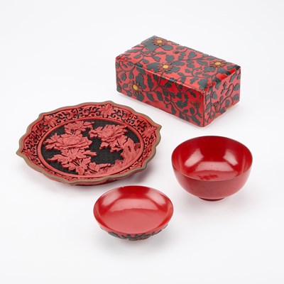 Lot 541 - A CHINESE CINNABAR LAQUER DISH AND TWO FURTHER LAQUER PIECES