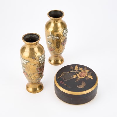 Lot 634 - A PAIR OF JAPANESE BRONZE VASES AND A JAPANESE LAQUER BOX