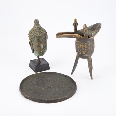 Lot 636 - A CHINESE BRONZE MIRROR TOGETHER WITH A TRIPOD CENSER AND A BRONZE HEAD