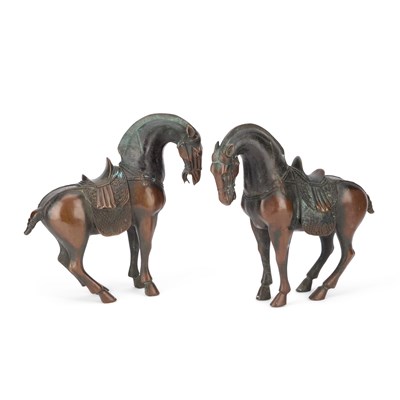 Lot 146 - A PAIR OF CHINESE TANG STYLE BRONZE HORSES