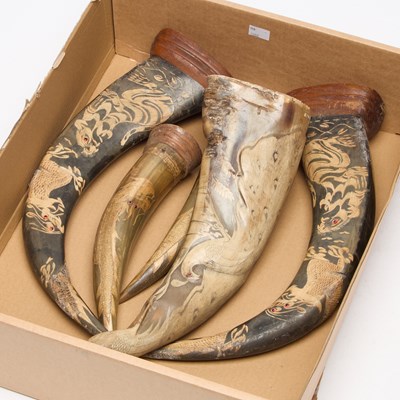 Lot 714 - FIVE CARVED BUFFALO HORNS