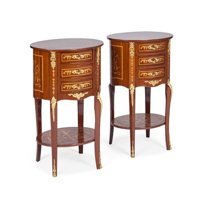 Lot 771 - A PAIR OF LOUIS XV STYLE GILT-METAL MOUNTED AND INLAID MAHOGANY SIDE TABLES