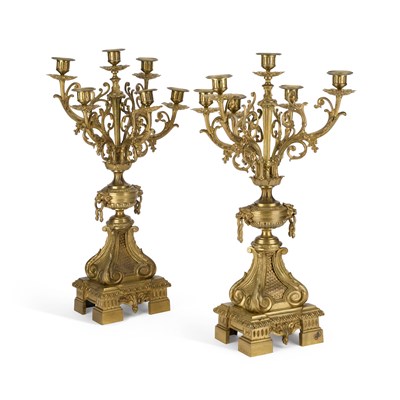 Lot 166 - A PAIR OF FRENCH BRONZE SIX-LIGHT CANDELABRA, IN LOUIS XV STYLE