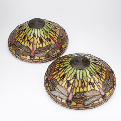 Lot 176 - A PAIR OF TIFFANY STYLE LEADED GLASS CEILING SHADES